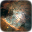 Images with swirls of pastels and light brown near the forefront, taken of the Orion Nebula with a very large infrared telescope.