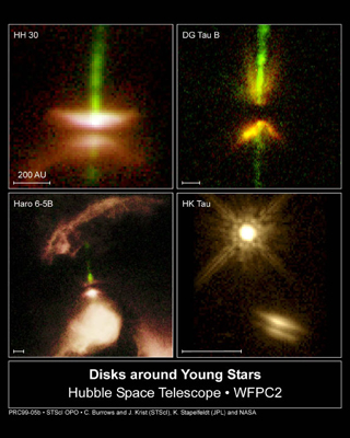 Four images of Disks around Young Stars taken by the Hubble Space Telescope (WFPC2). Green, red, and white light on a black background.