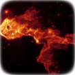 Fire-like cloud with a black background. It is a mid-far infrared image if IC 1396 taken with the Spitzer Space Telescope.